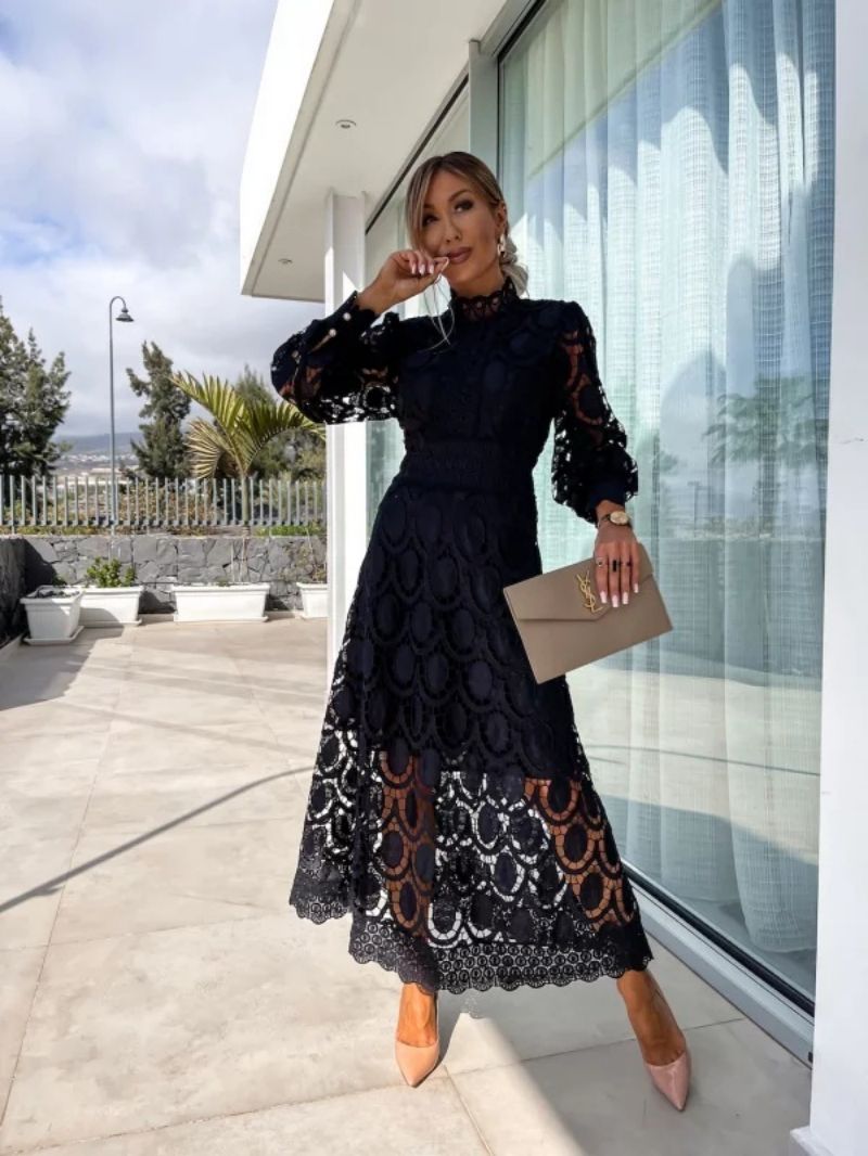 Nokmo | Women's Lace Midi Dress with High Neck