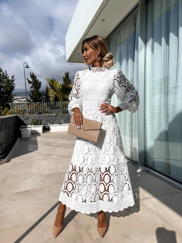Nokmo | Women's Lace Midi Dress with High Neck