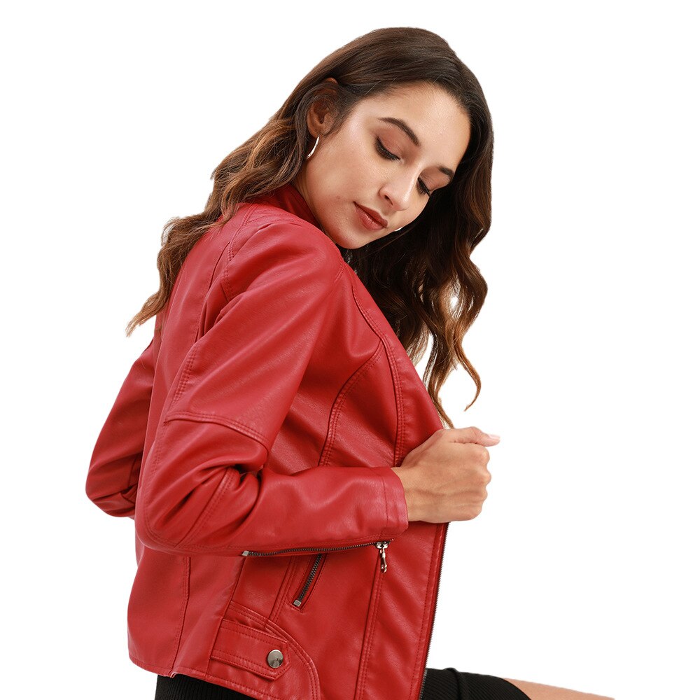 Nokmo Women's Leather Jacket with Mao Collar