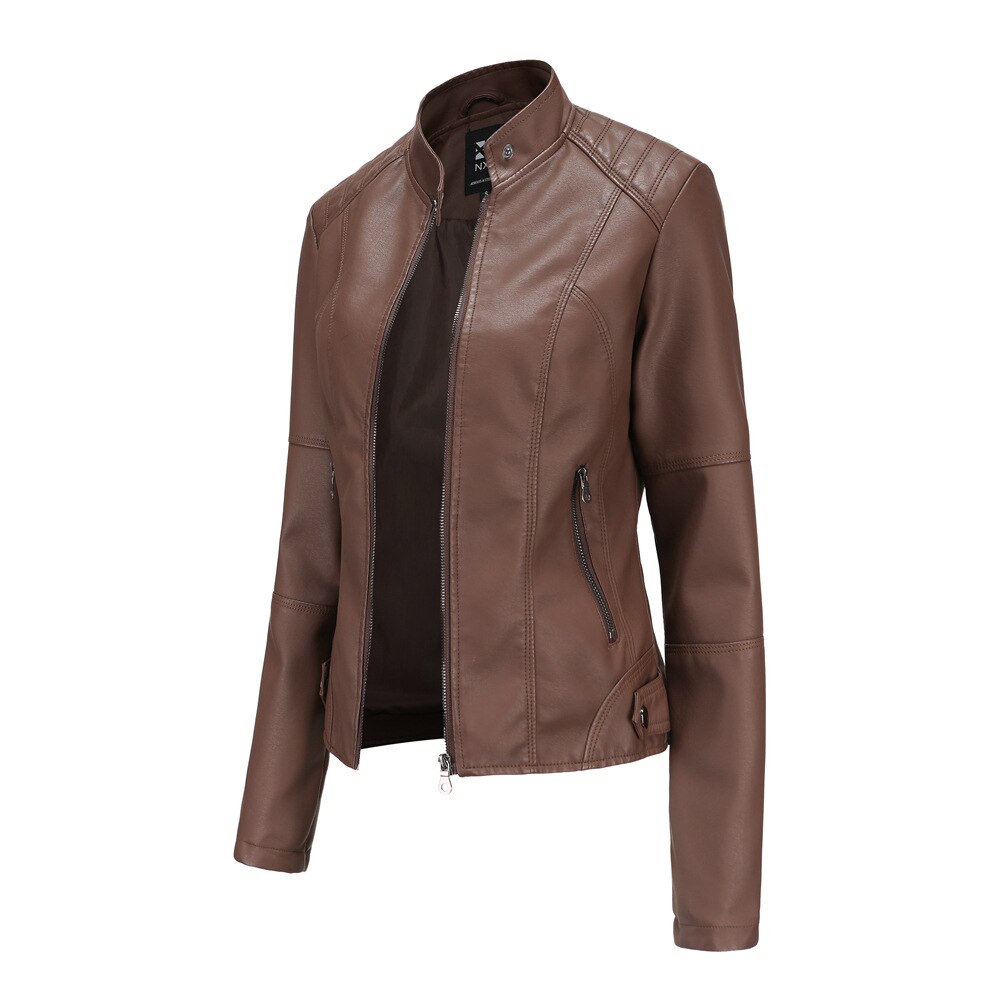 Nokmo Women's Leather Jacket with Mao Collar