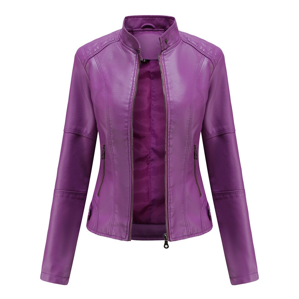 Nokmo Women's Leather Jacket with Mao Collar