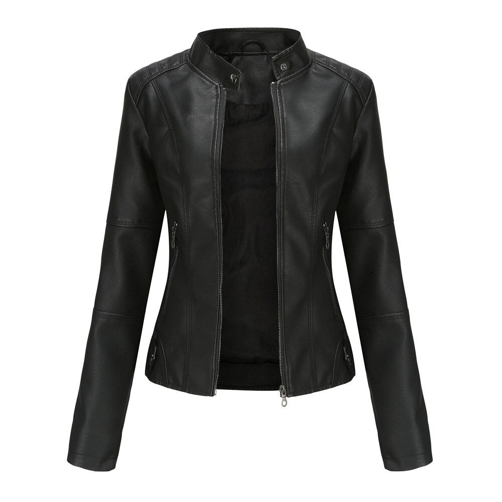 Nokmo Women's Leather Jacket with Mao Collar