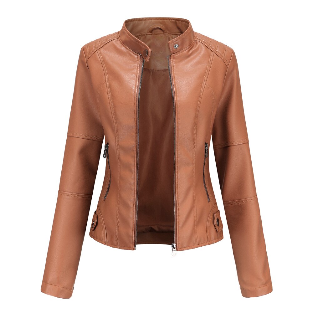 Nokmo Women's Leather Jacket with Mao Collar