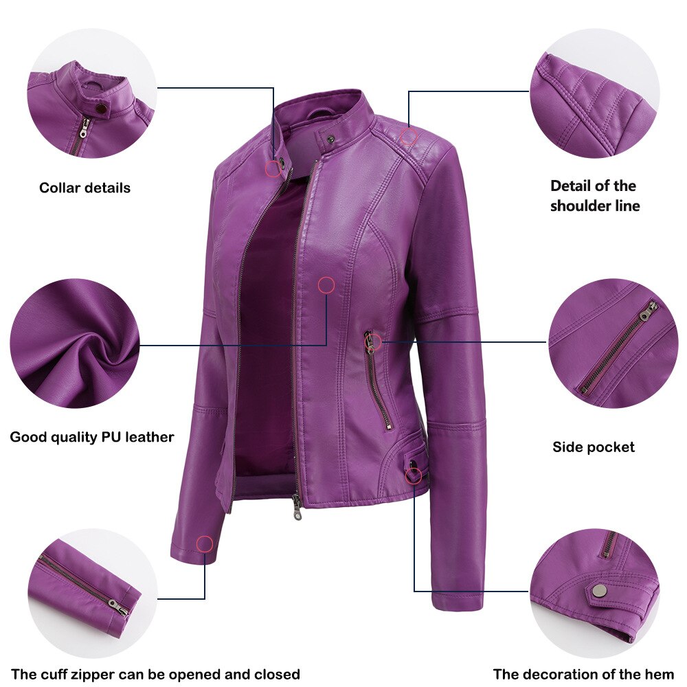 Nokmo Women's Leather Jacket with Mao Collar