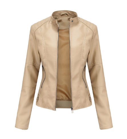 Nokmo Women's Leather Jacket with Mao Collar