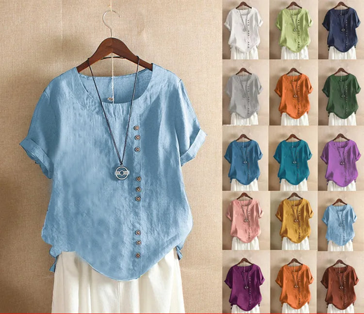 Nokmo | Women's Linen Button Short Sleeve Blouse