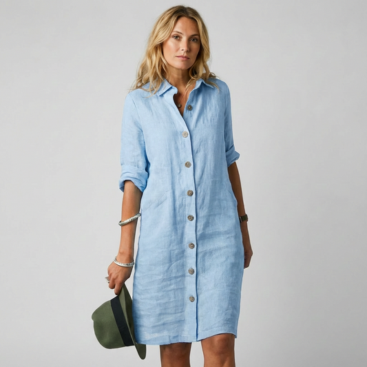 Nokmo | Women's Linen Shirt Dress - Button Front Midi