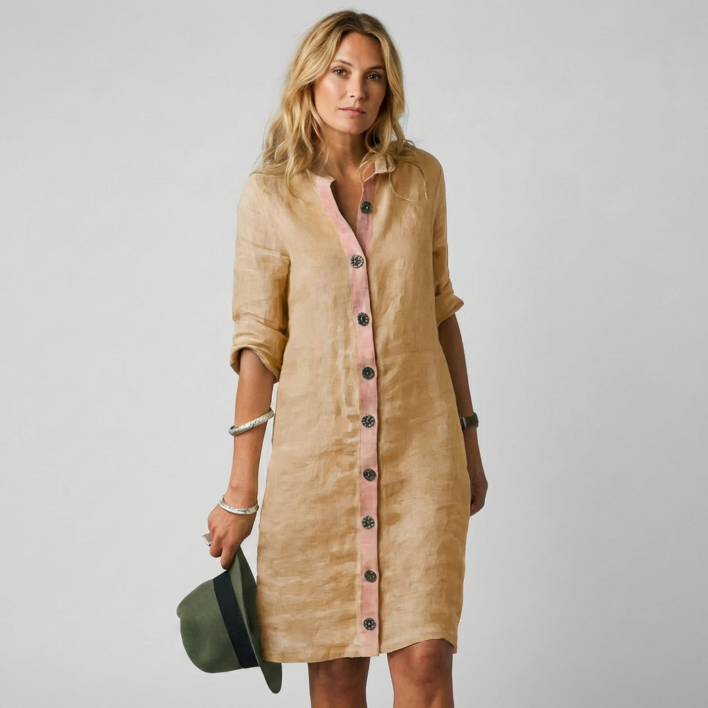 Nokmo | Women's Linen Shirt Dress - Button Front Midi