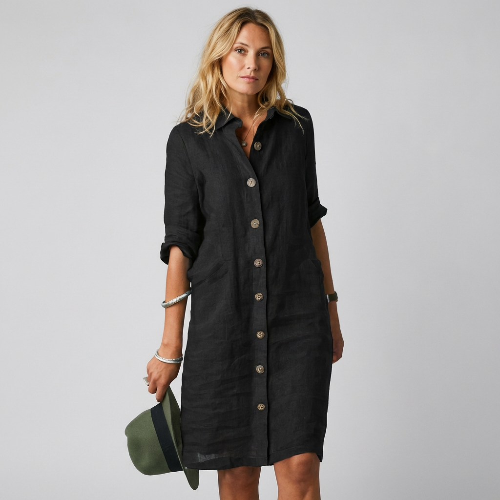 Nokmo | Women's Linen Shirt Dress - Button Front Midi