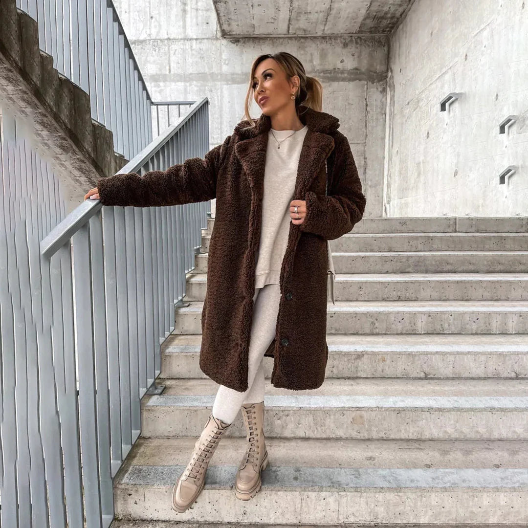 Nokmo | Women's Long Teddy Coat with Lapel Collar