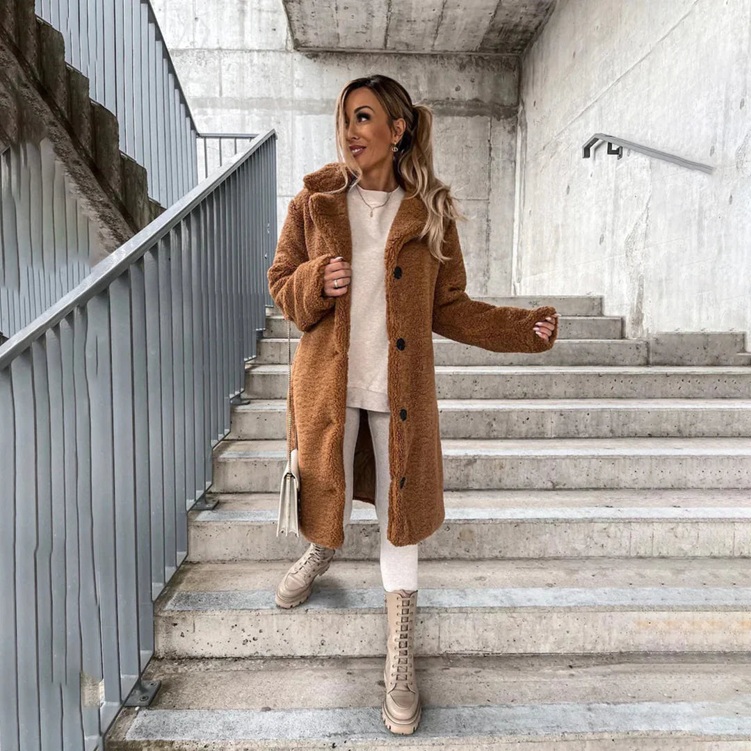 Nokmo | Women's Long Teddy Coat with Lapel Collar