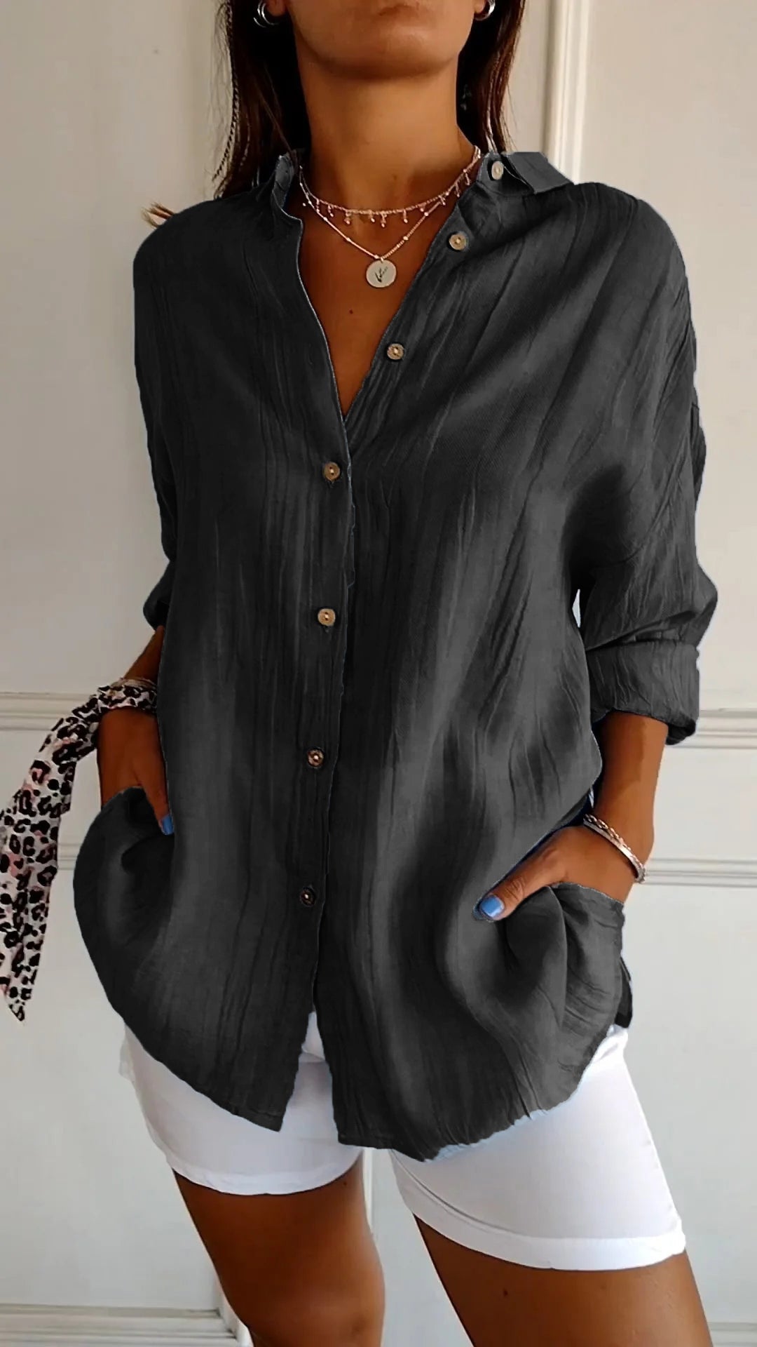 Nokmo | Women's Loose Fit Textured Button-Down Shirt