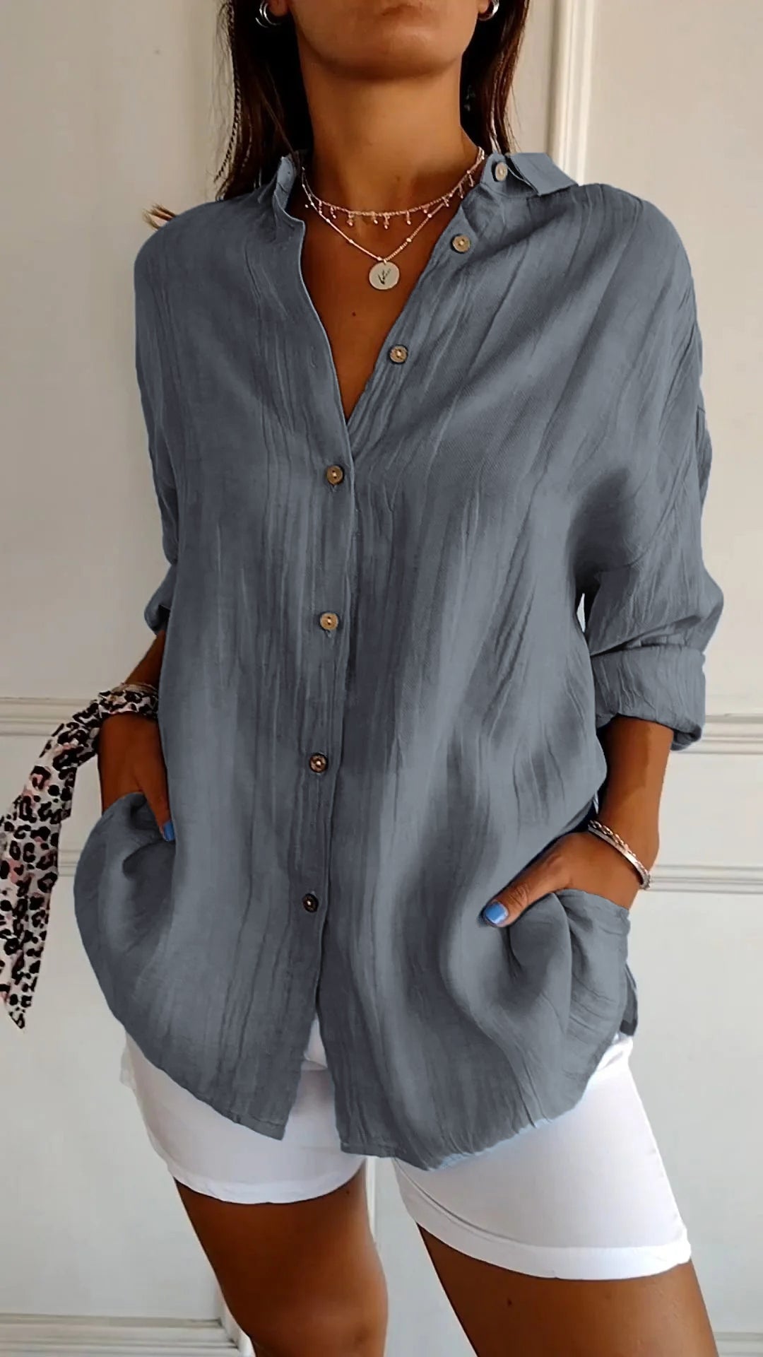 Nokmo | Women's Loose Fit Textured Button-Down Shirt