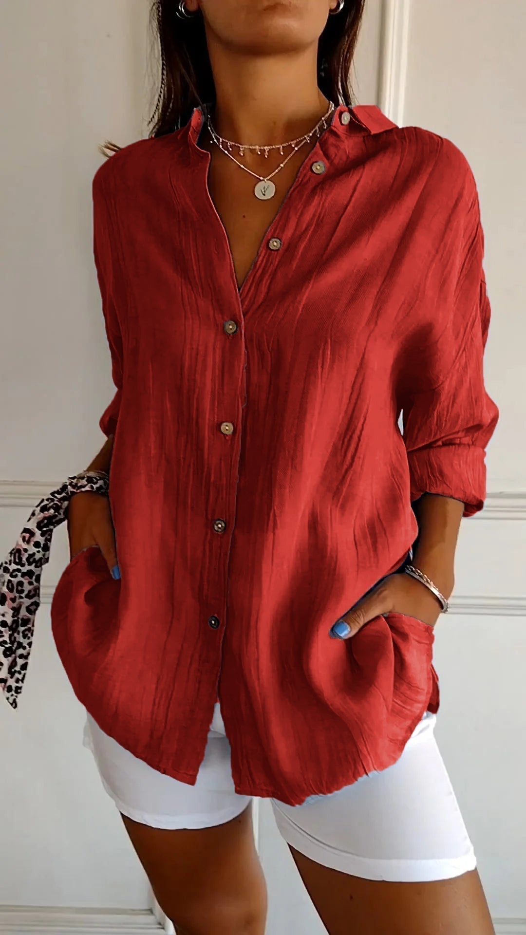 Nokmo | Women's Loose Fit Textured Button-Down Shirt