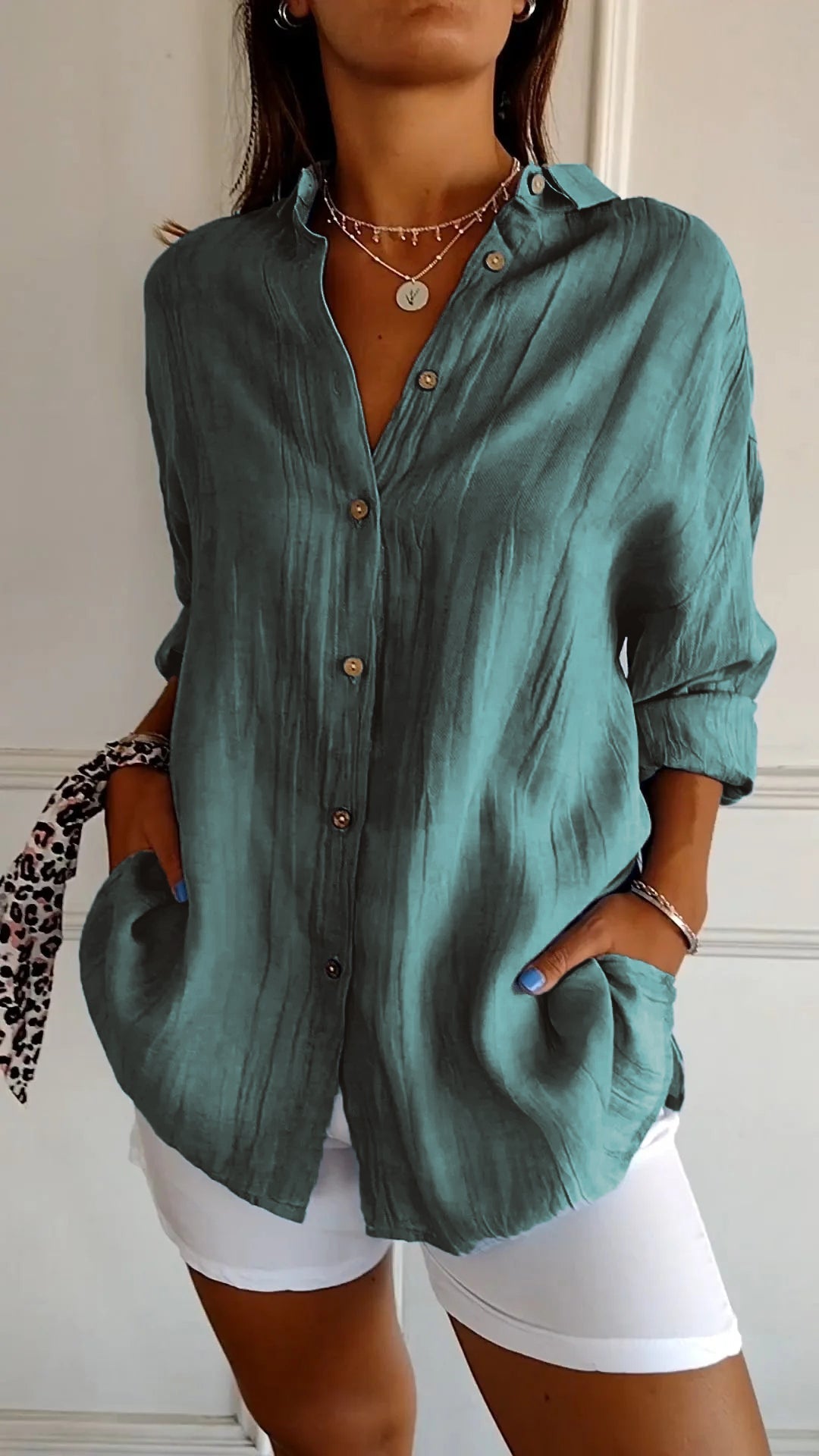 Nokmo | Women's Loose Fit Textured Button-Down Shirt