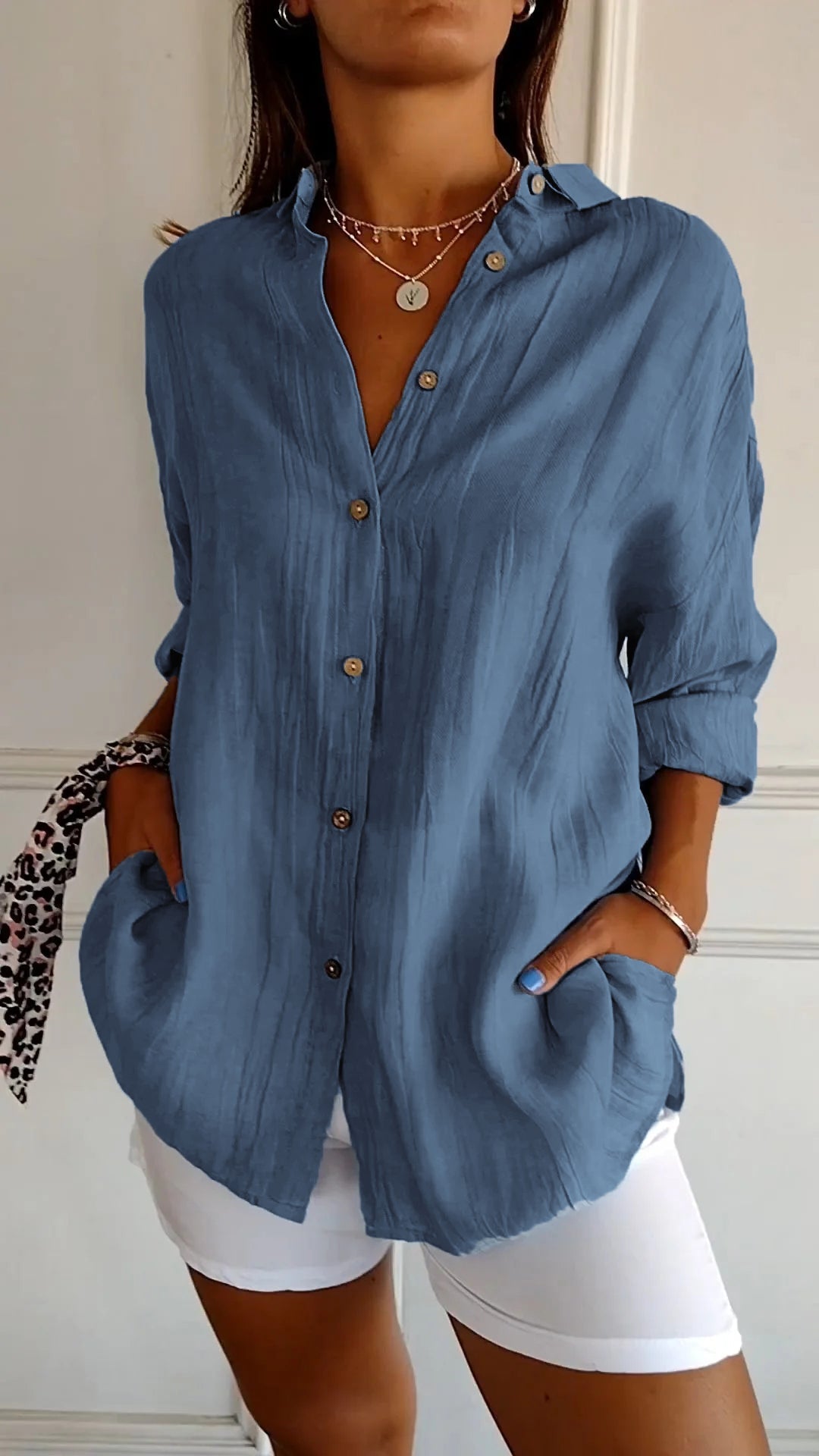 Nokmo | Women's Loose Fit Textured Button-Down Shirt