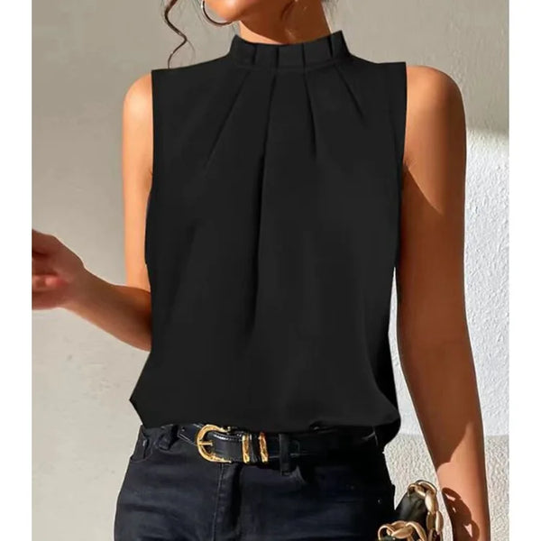 Nokmo | Women's Mock Neck Blouse with Sheer Stripe Sleeves