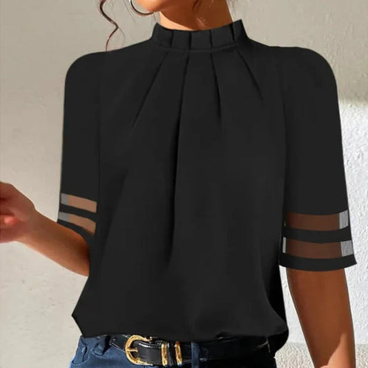 Nokmo | Women's Mock Neck Blouse with Sheer Stripe Sleeves