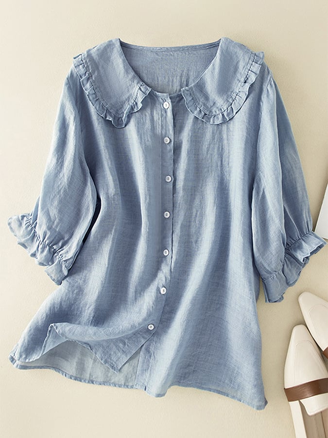 Nokmo | Women's Ruffled Peter Pan Collar Shirt 3/4 Sleeve