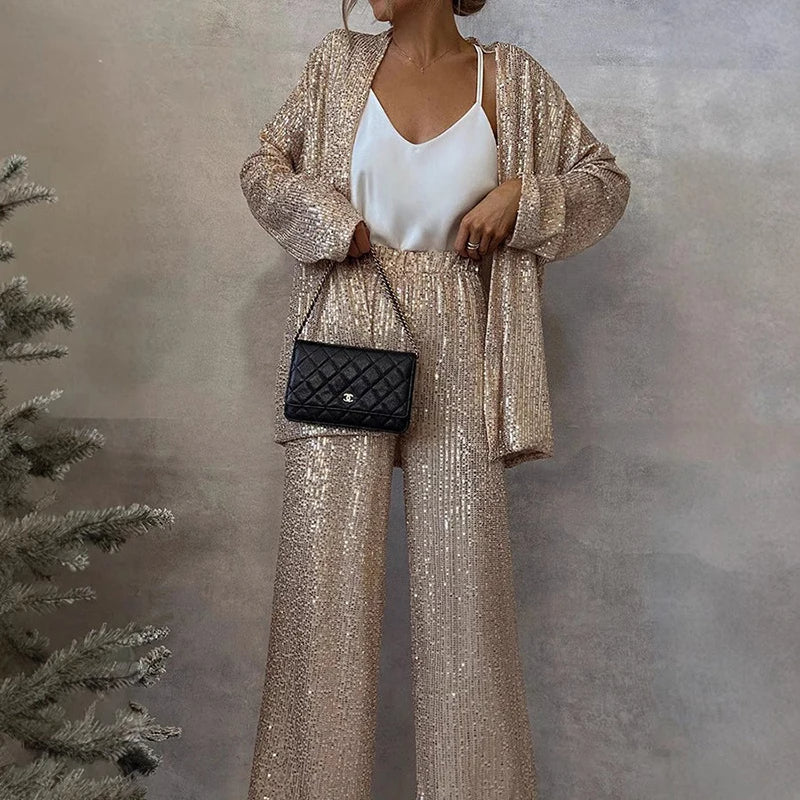 Nokmo | Women's Sequin Blazer and Wide-Leg Pants Set