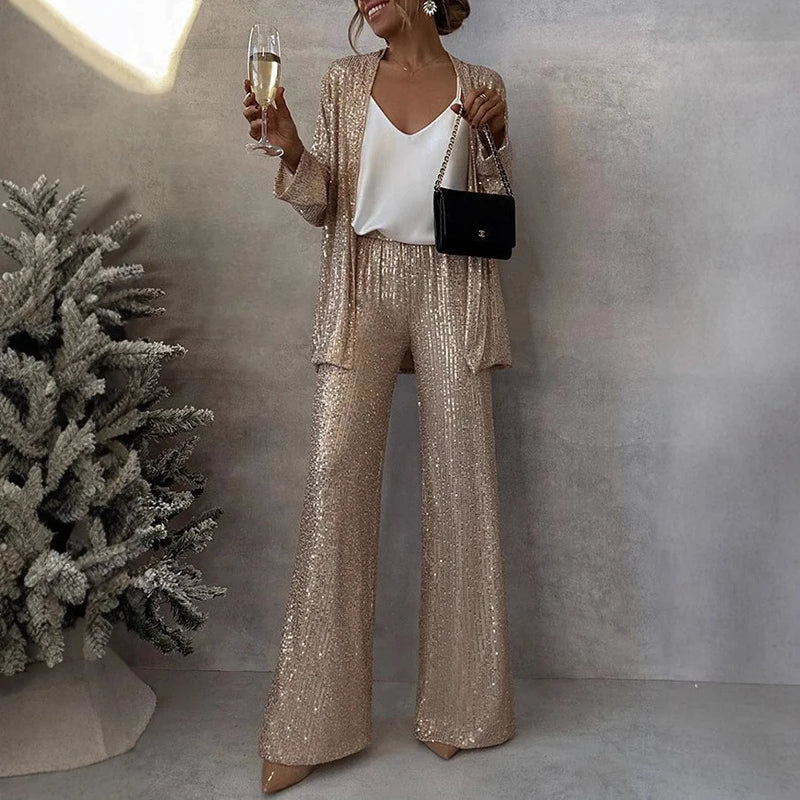 Nokmo | Women's Sequin Blazer and Wide-Leg Pants Set