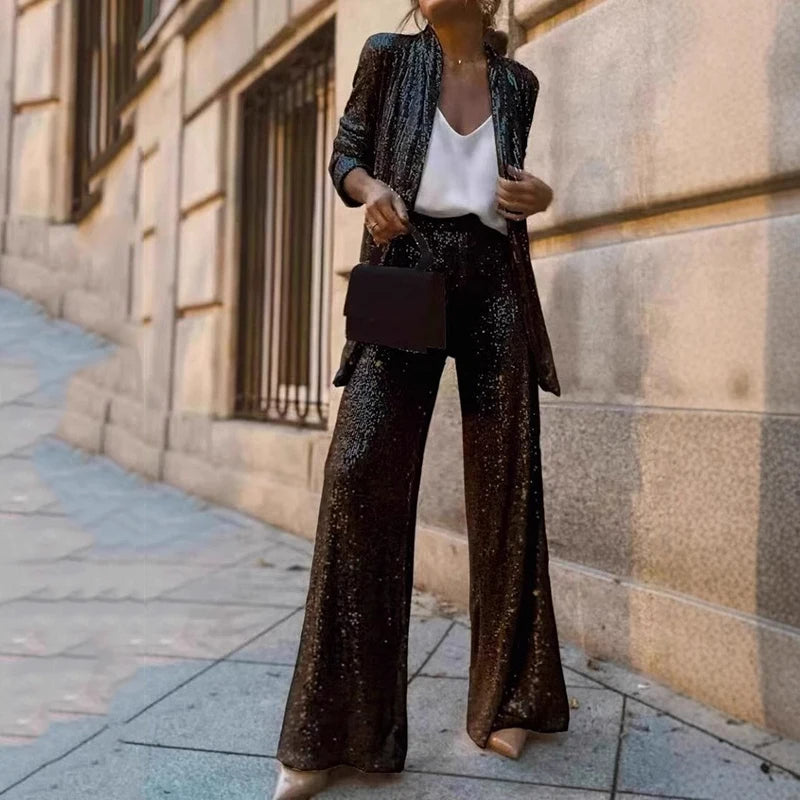 Nokmo | Women's Sequin Blazer and Wide-Leg Pants Set
