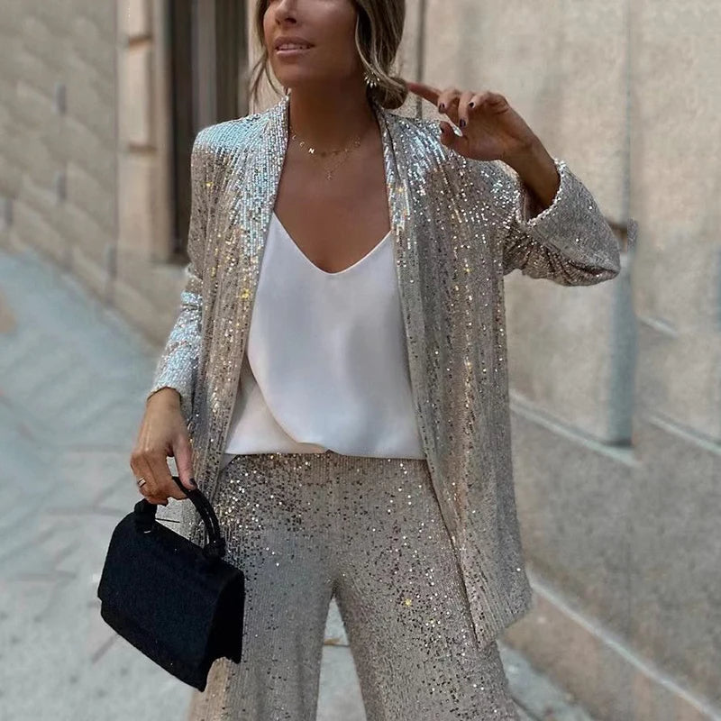 Nokmo | Women's Sequin Blazer and Wide-Leg Pants Set