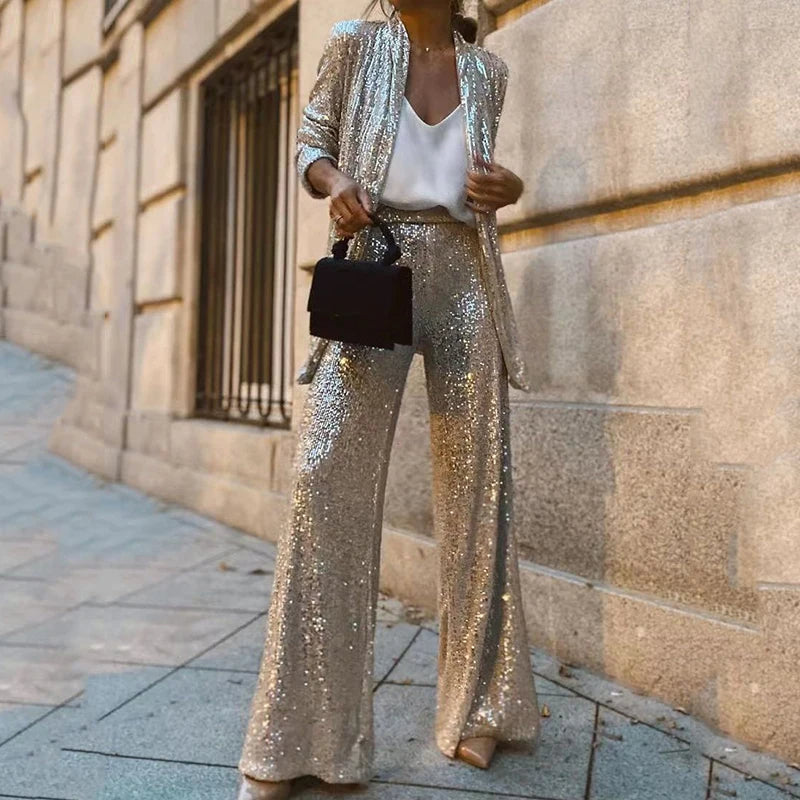 Nokmo | Women's Sequin Blazer and Wide-Leg Pants Set