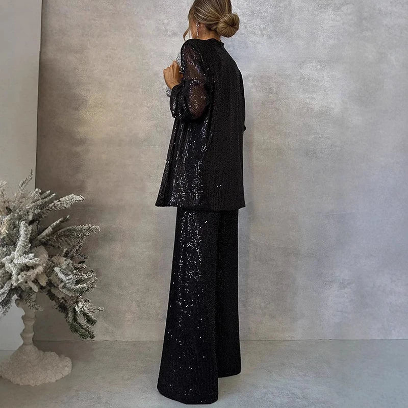 Nokmo | Women's Sequin Blazer and Wide-Leg Pants Set
