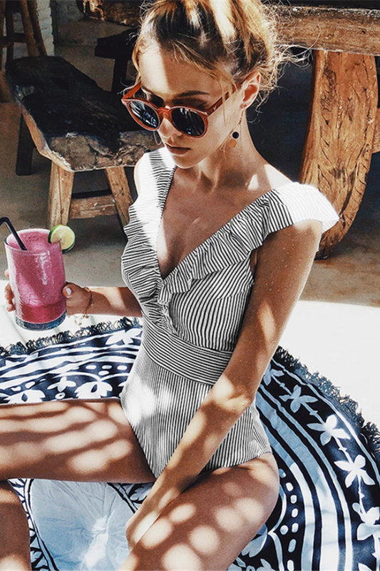 Nokmo | Women's Striped Ruffle One-Piece Swimsuit