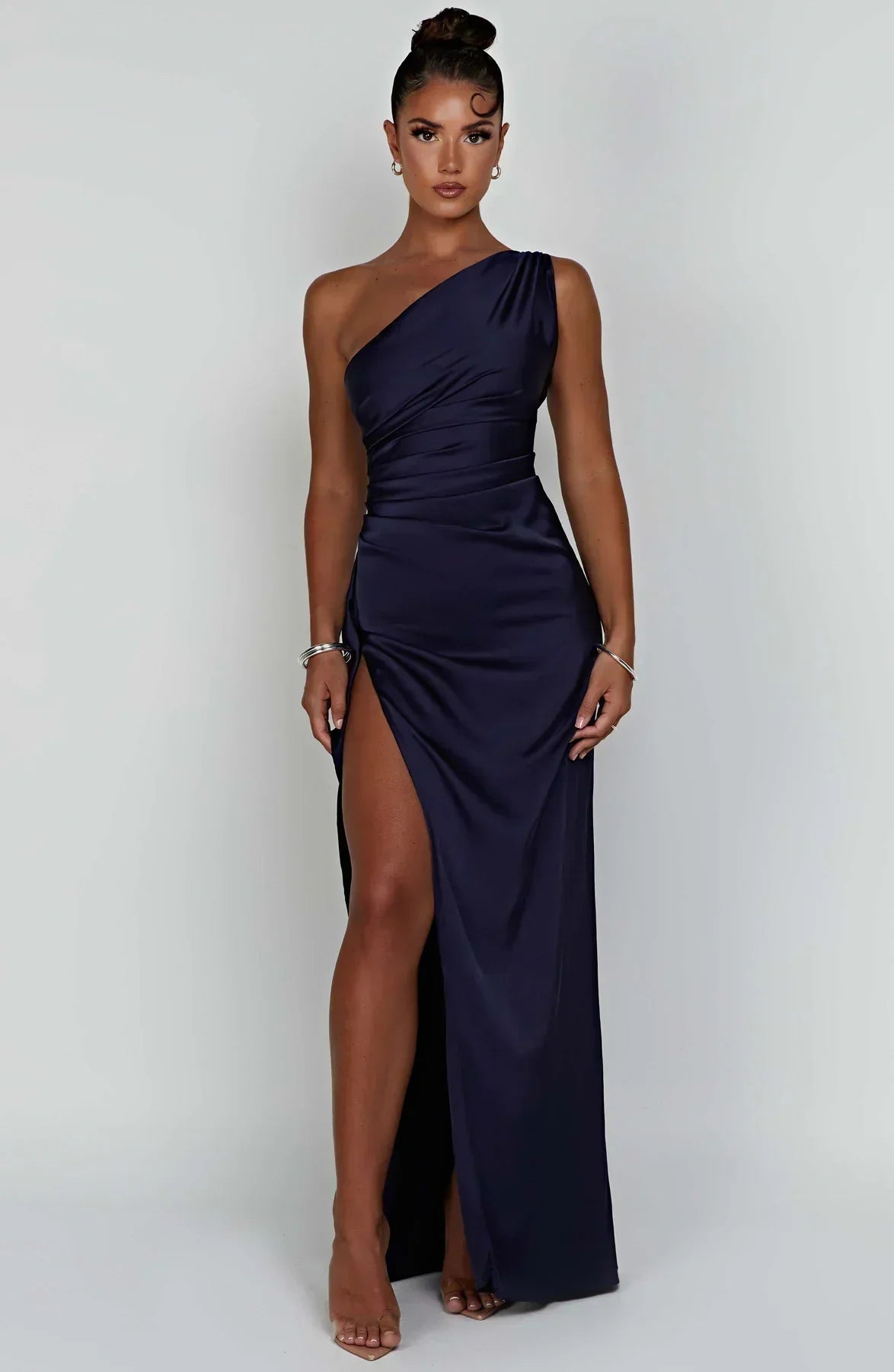 One-shoulder satin pleated slit dress - Autumn Edition