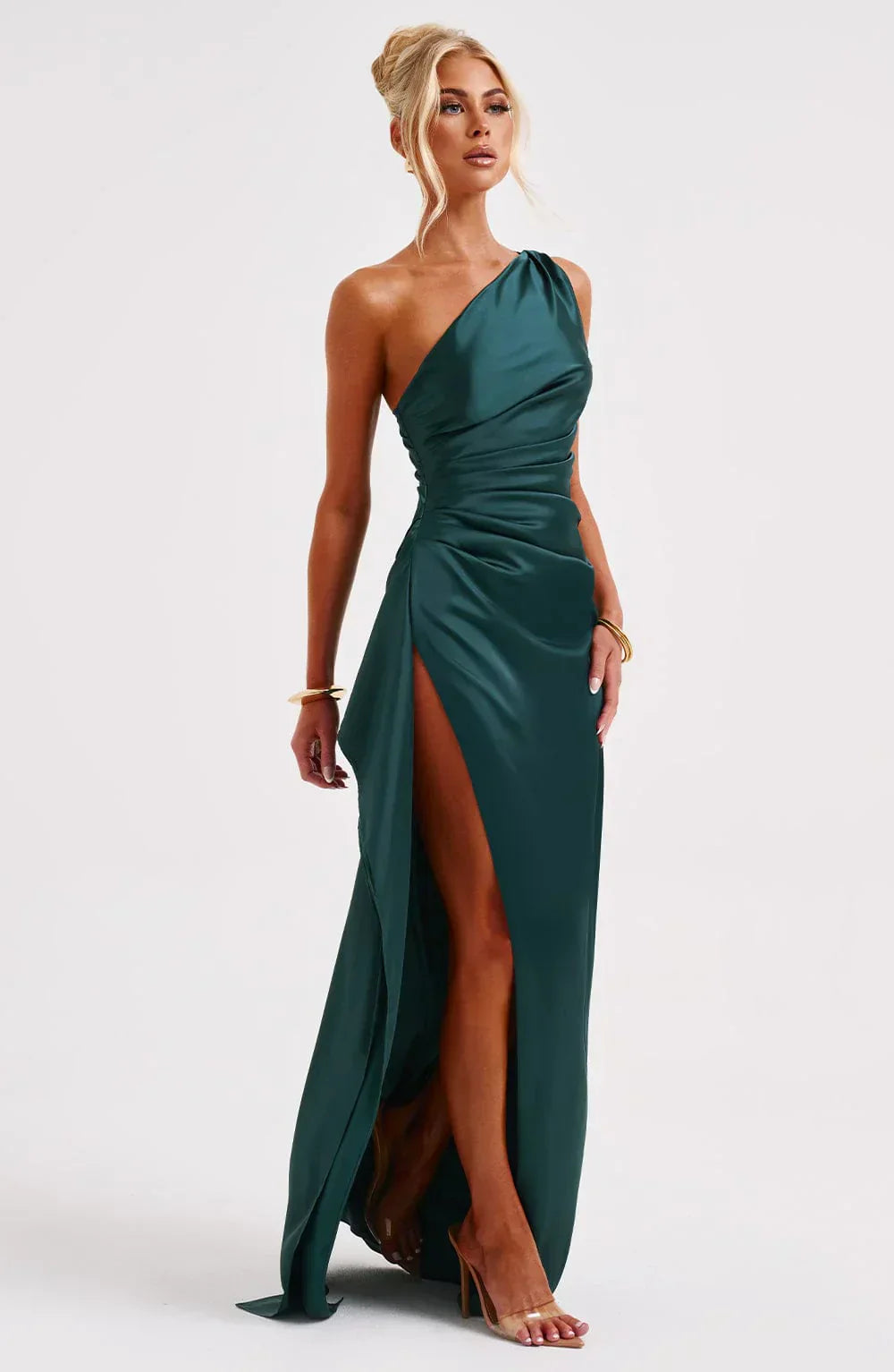 One-shoulder satin pleated slit dress - Autumn Edition