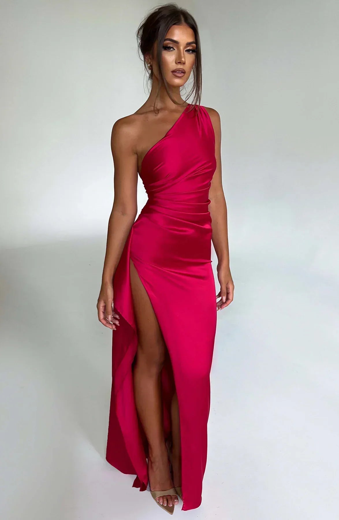 One-shoulder satin pleated slit dress - Autumn Edition