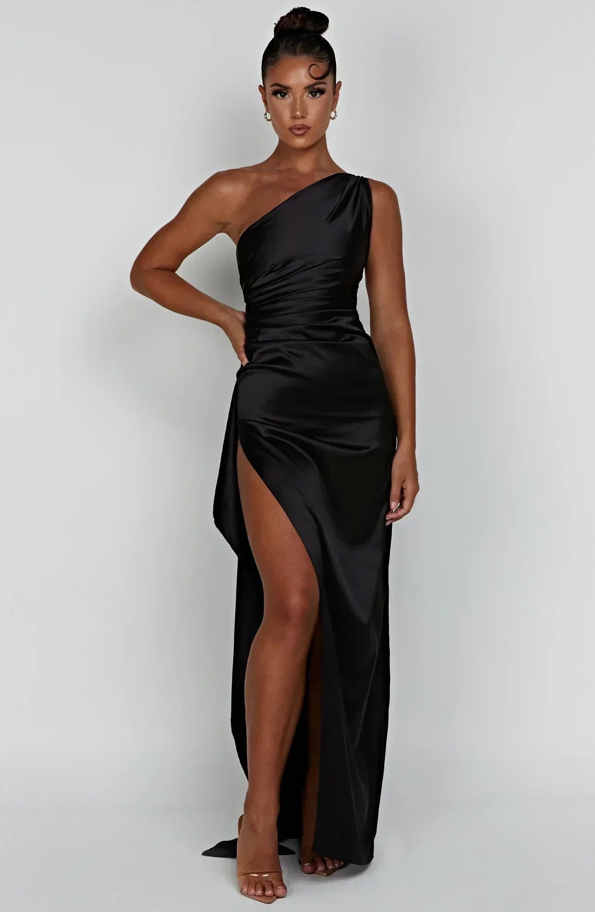 One-shoulder satin pleated slit dress - Autumn Edition
