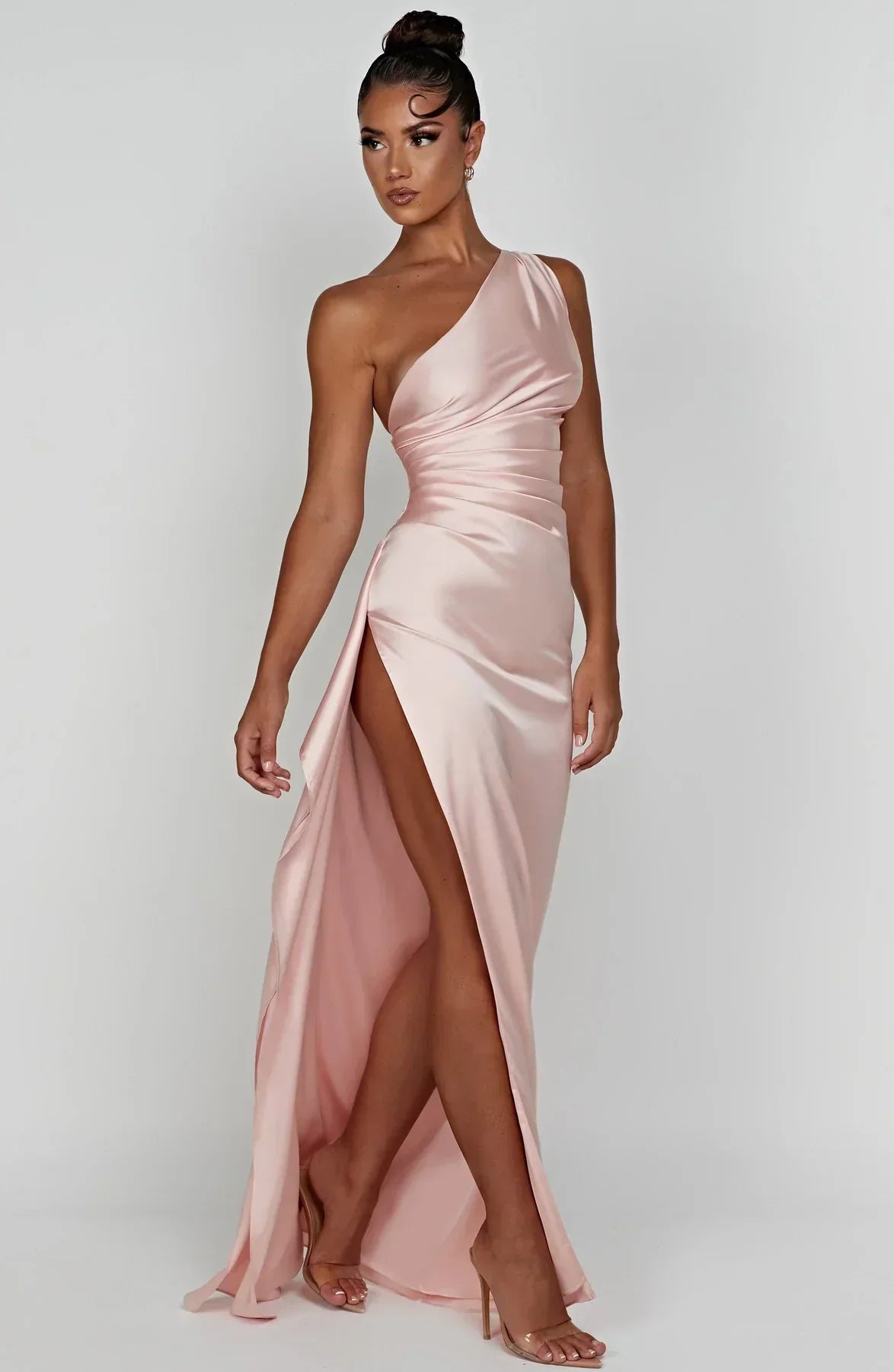 One-shoulder satin pleated slit dress - Autumn Edition