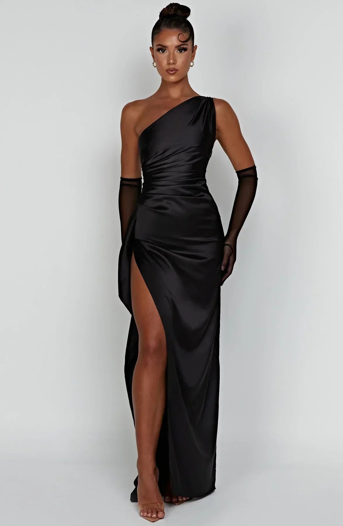 One-shoulder satin pleated slit dress - Autumn Edition