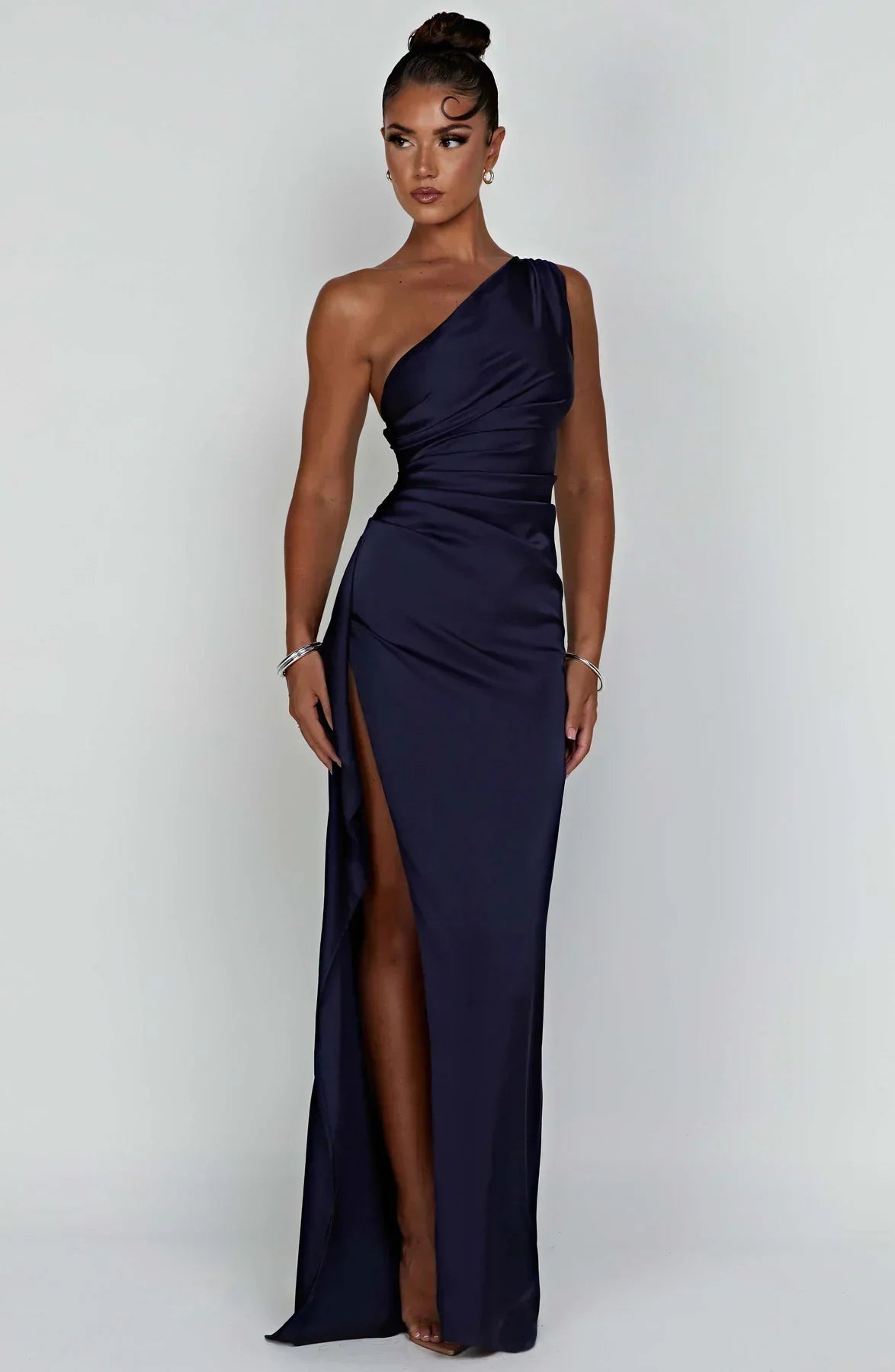 One-shoulder satin pleated slit dress - Autumn Edition
