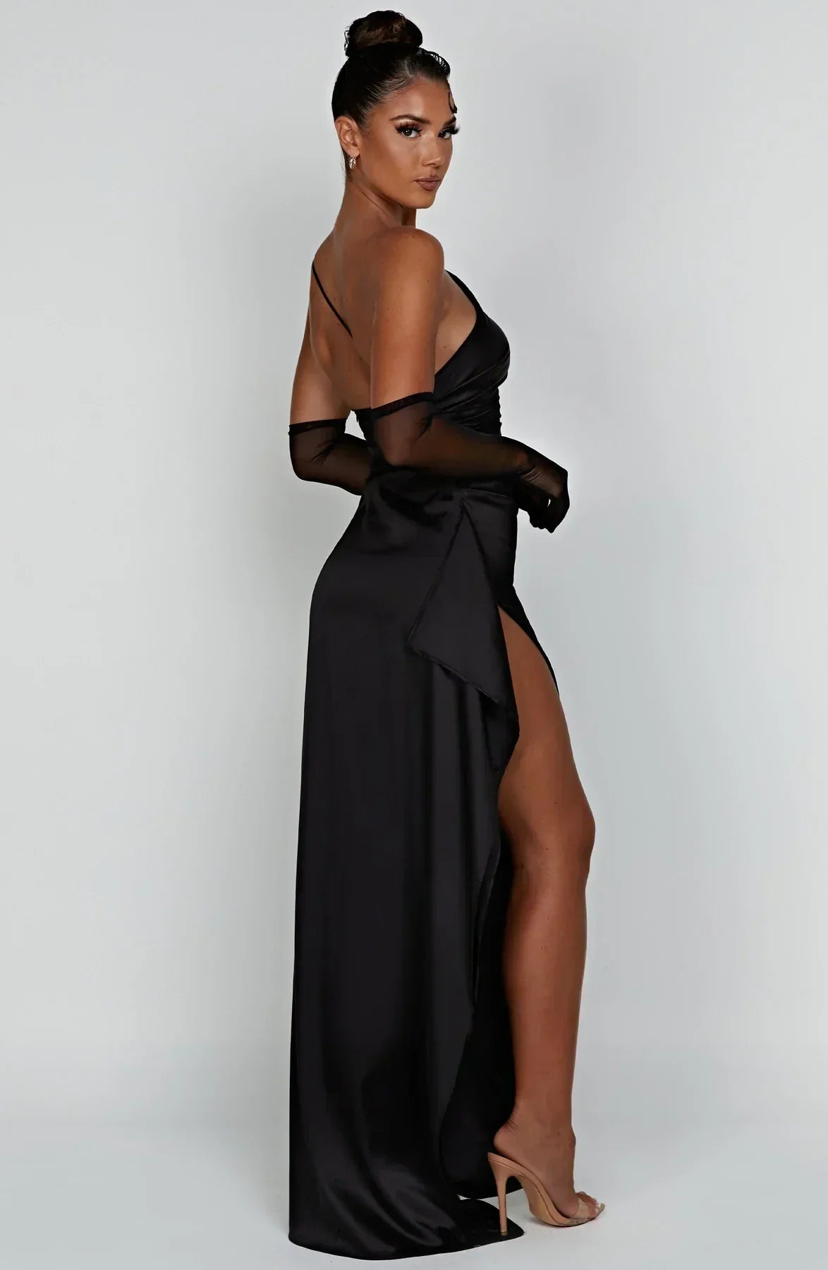 One-shoulder satin pleated slit dress - Autumn Edition
