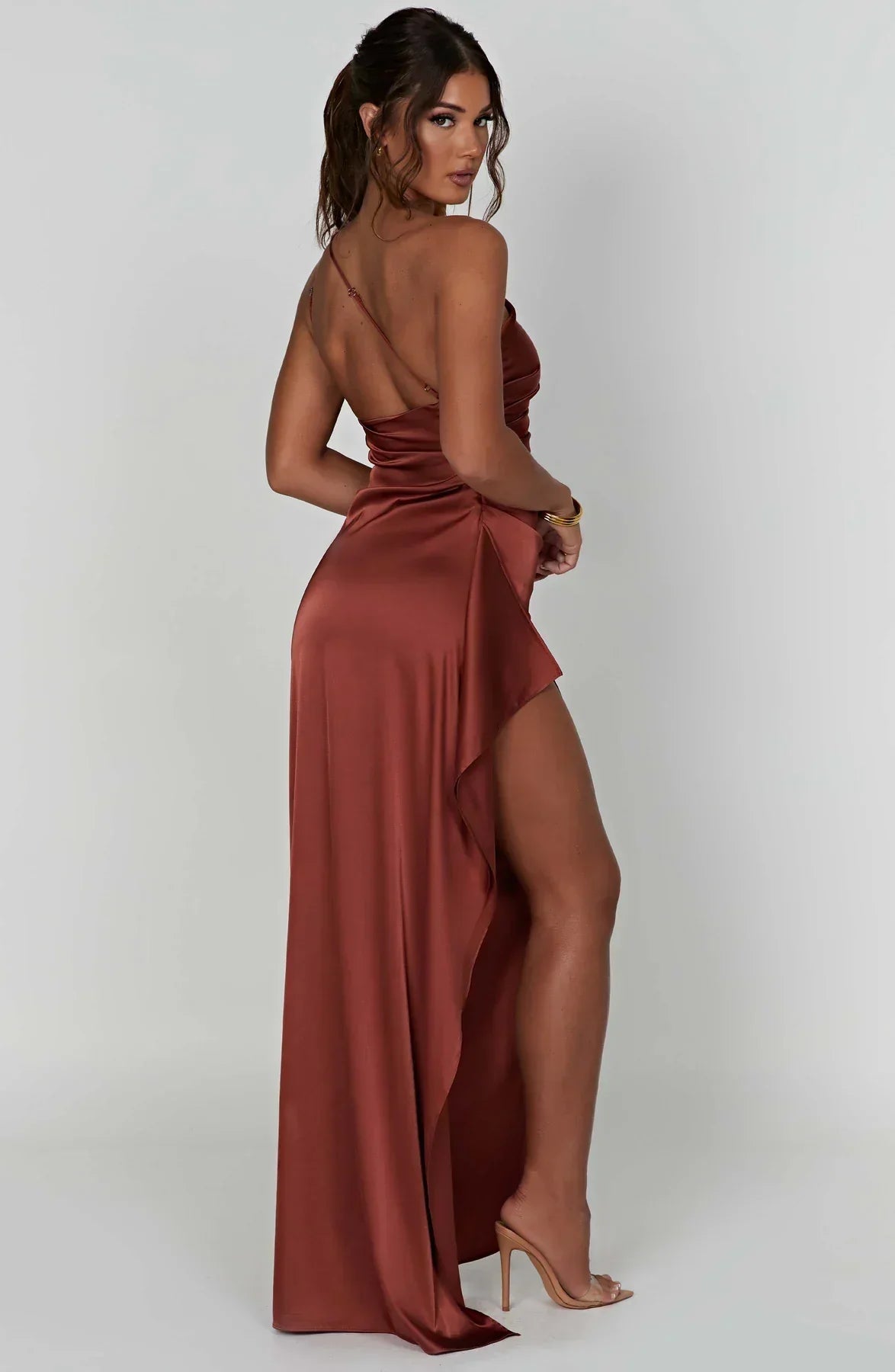 One-shoulder satin pleated slit dress - Autumn Edition