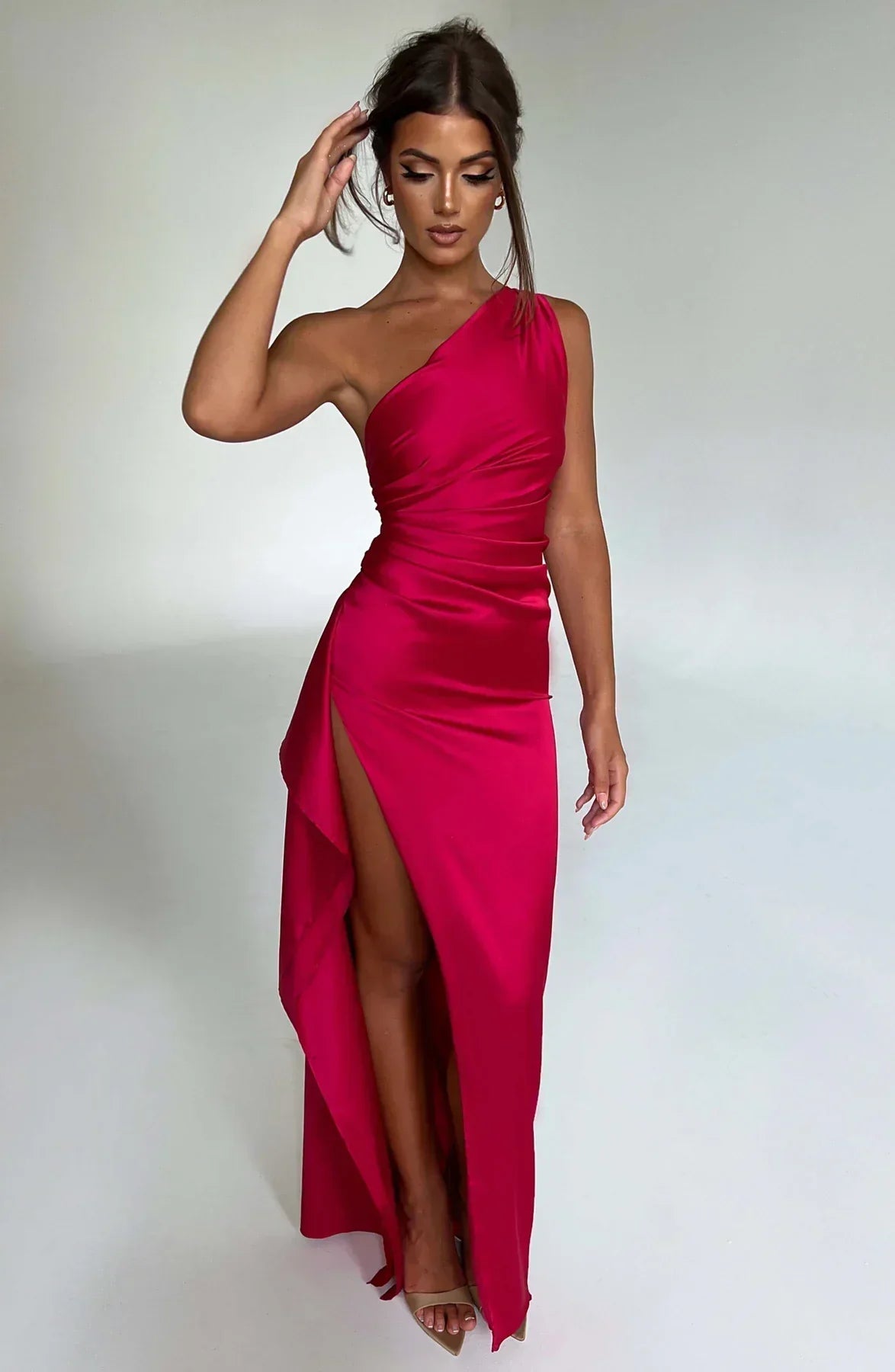 One-shoulder satin pleated slit dress - Autumn Edition