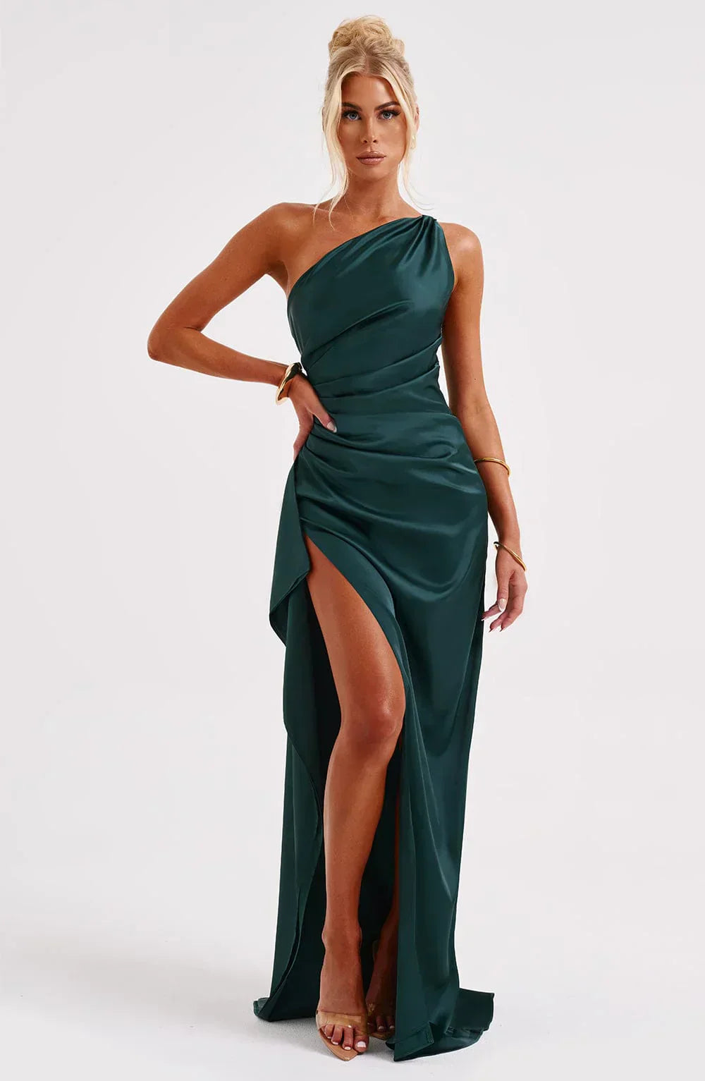 One-shoulder satin pleated slit dress - Autumn Edition