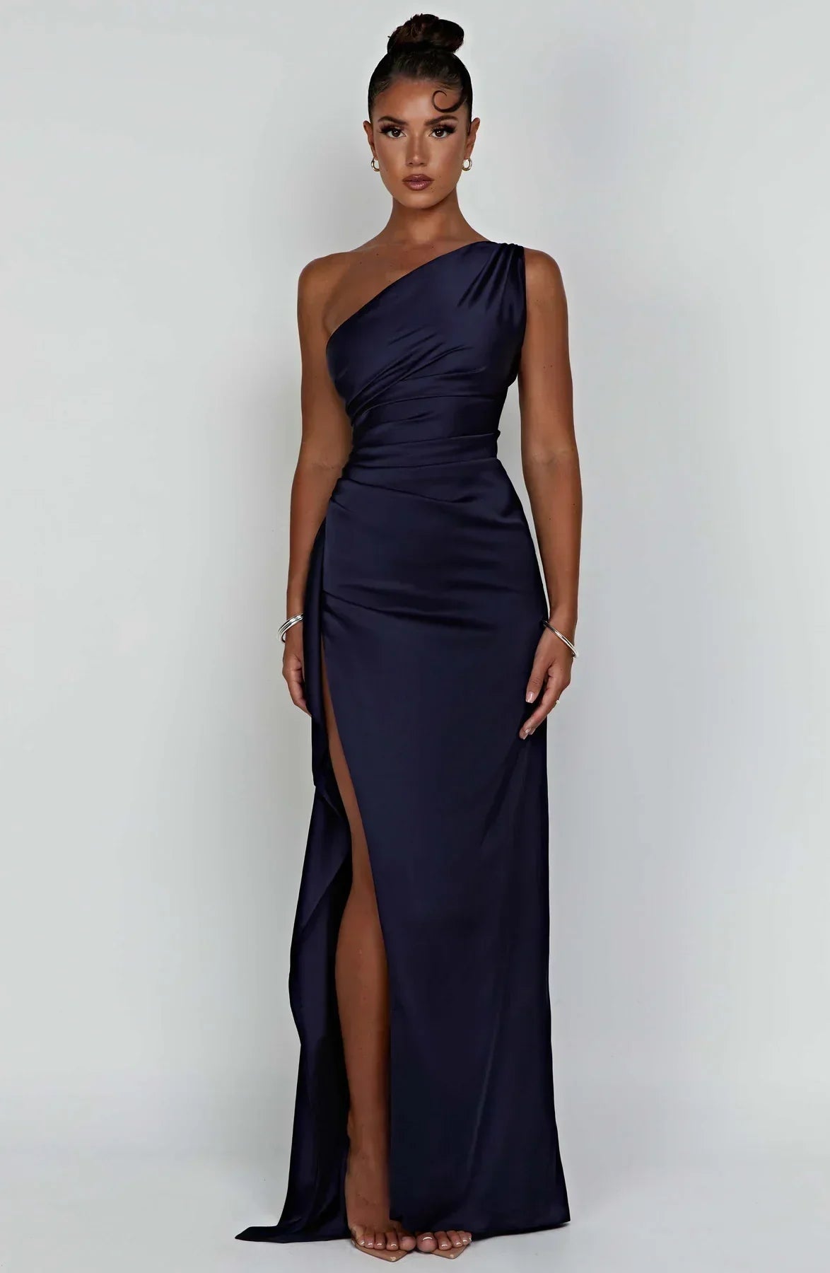 One-shoulder satin pleated slit dress - Autumn Edition