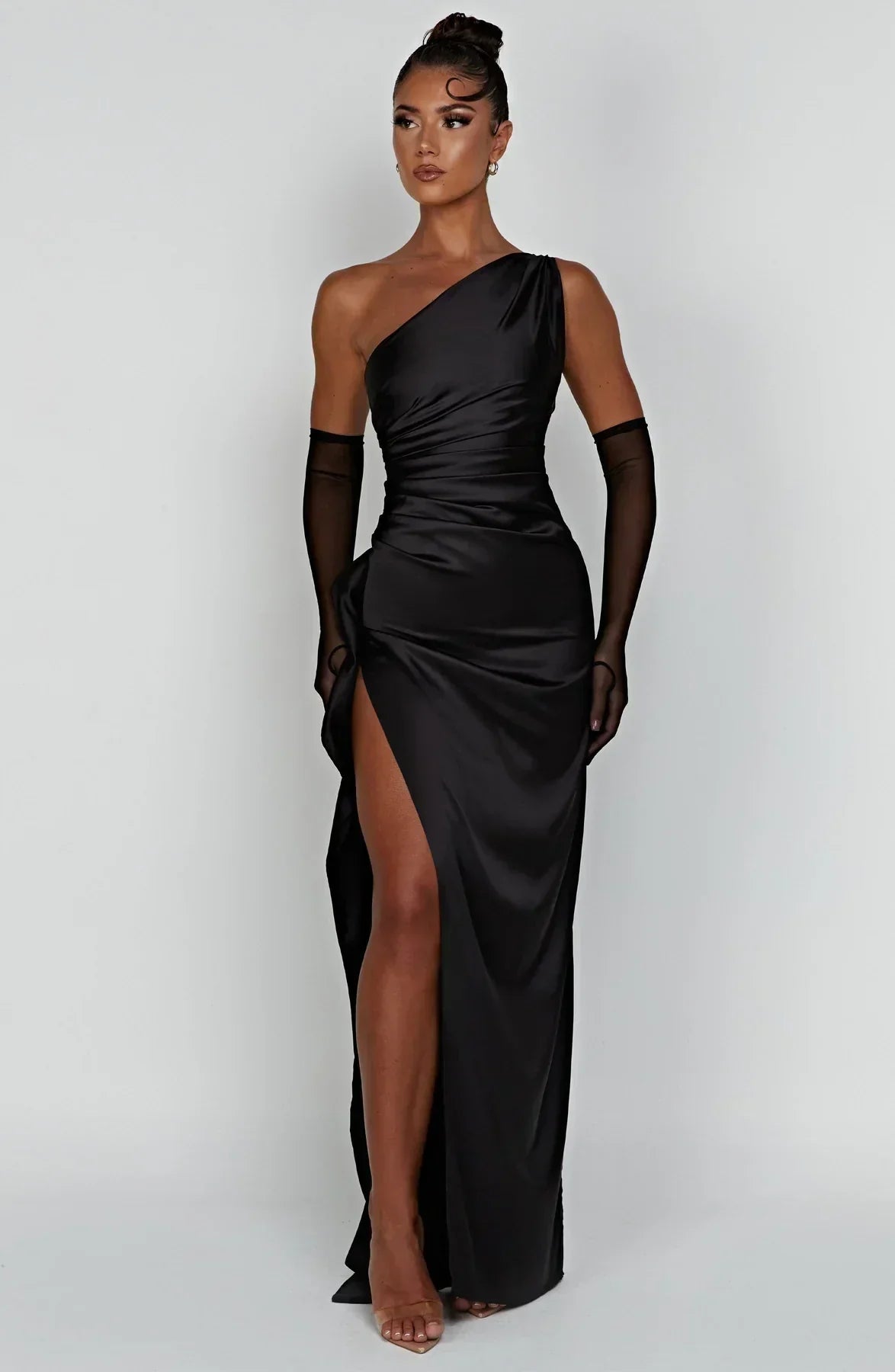 One-shoulder satin pleated slit dress - Autumn Edition