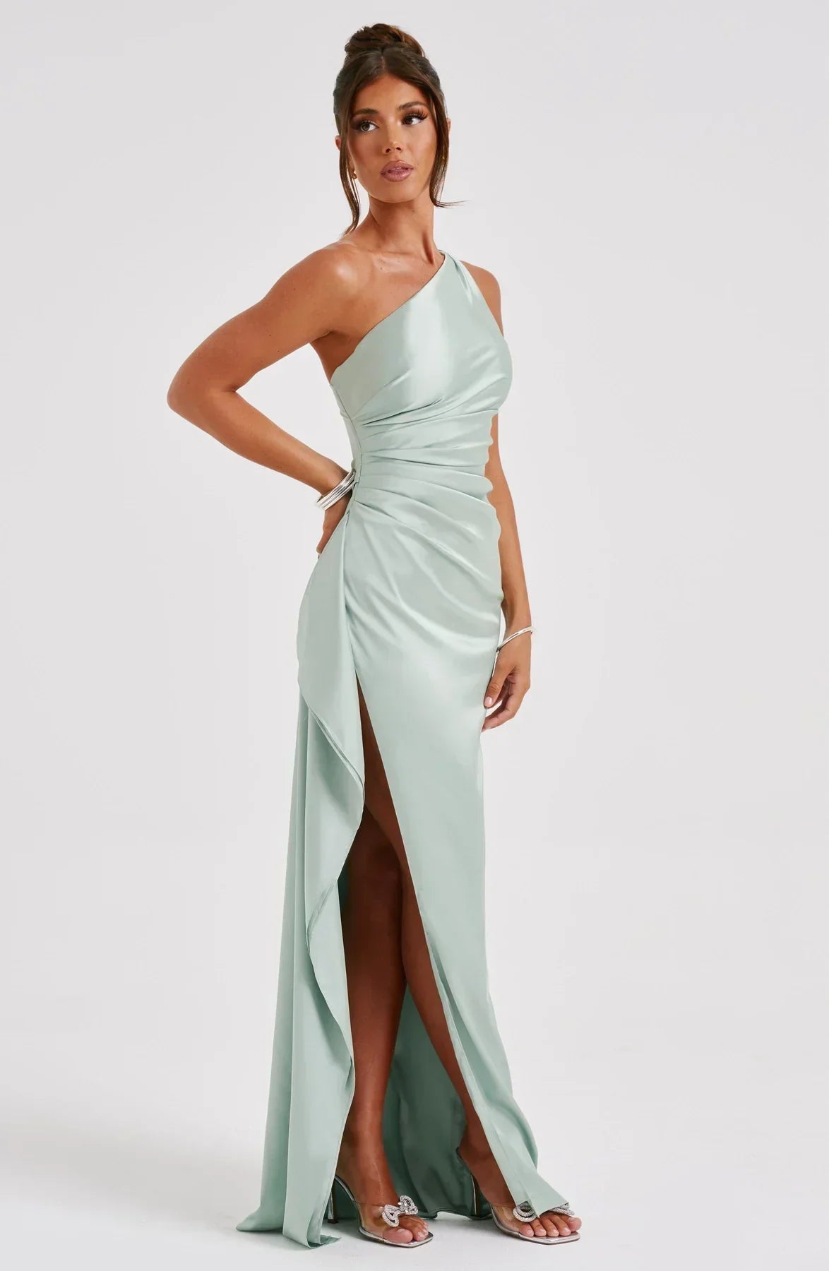 One-shoulder satin pleated slit dress - Autumn Edition