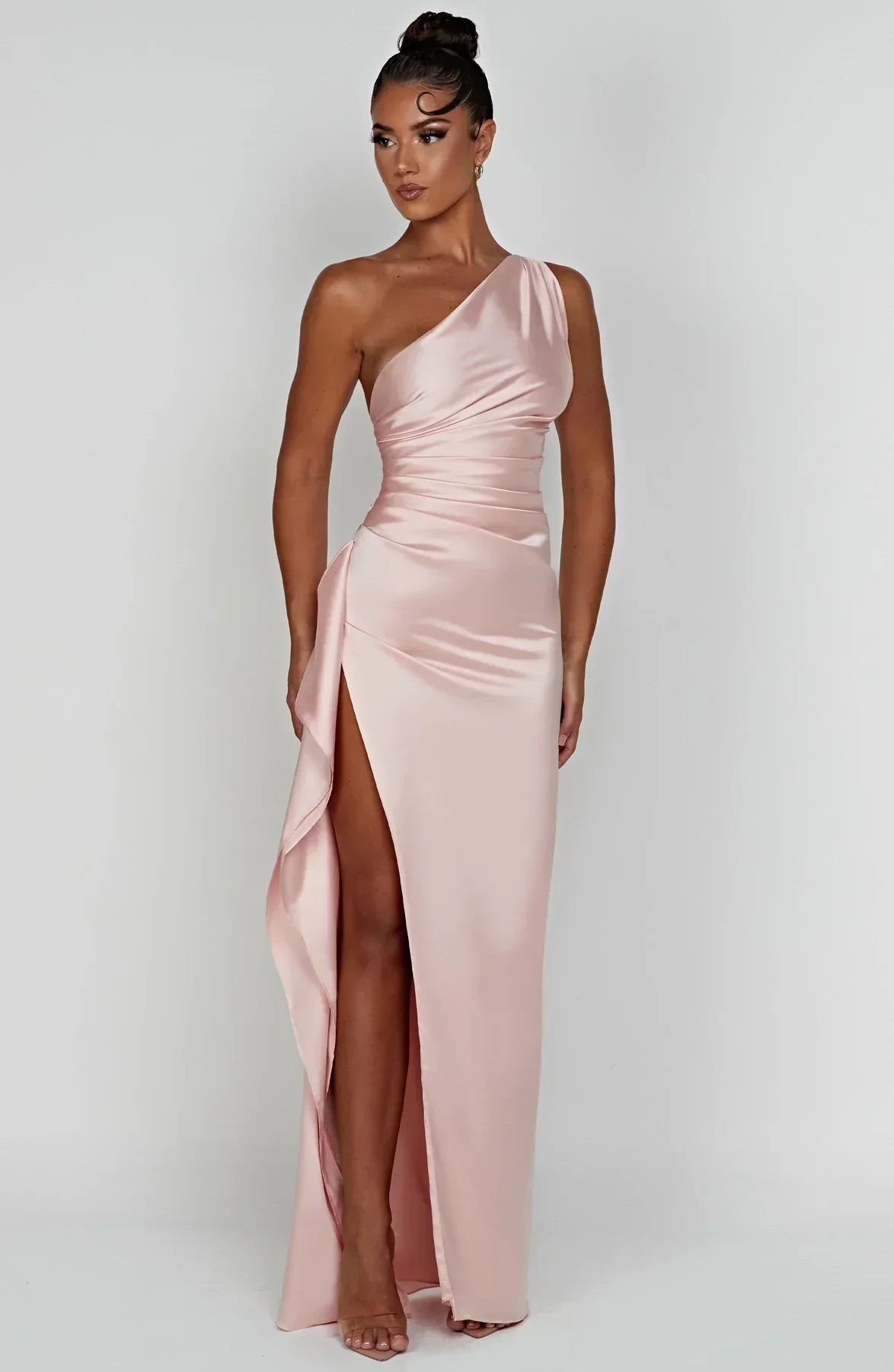 One-shoulder satin pleated slit dress - Autumn Edition