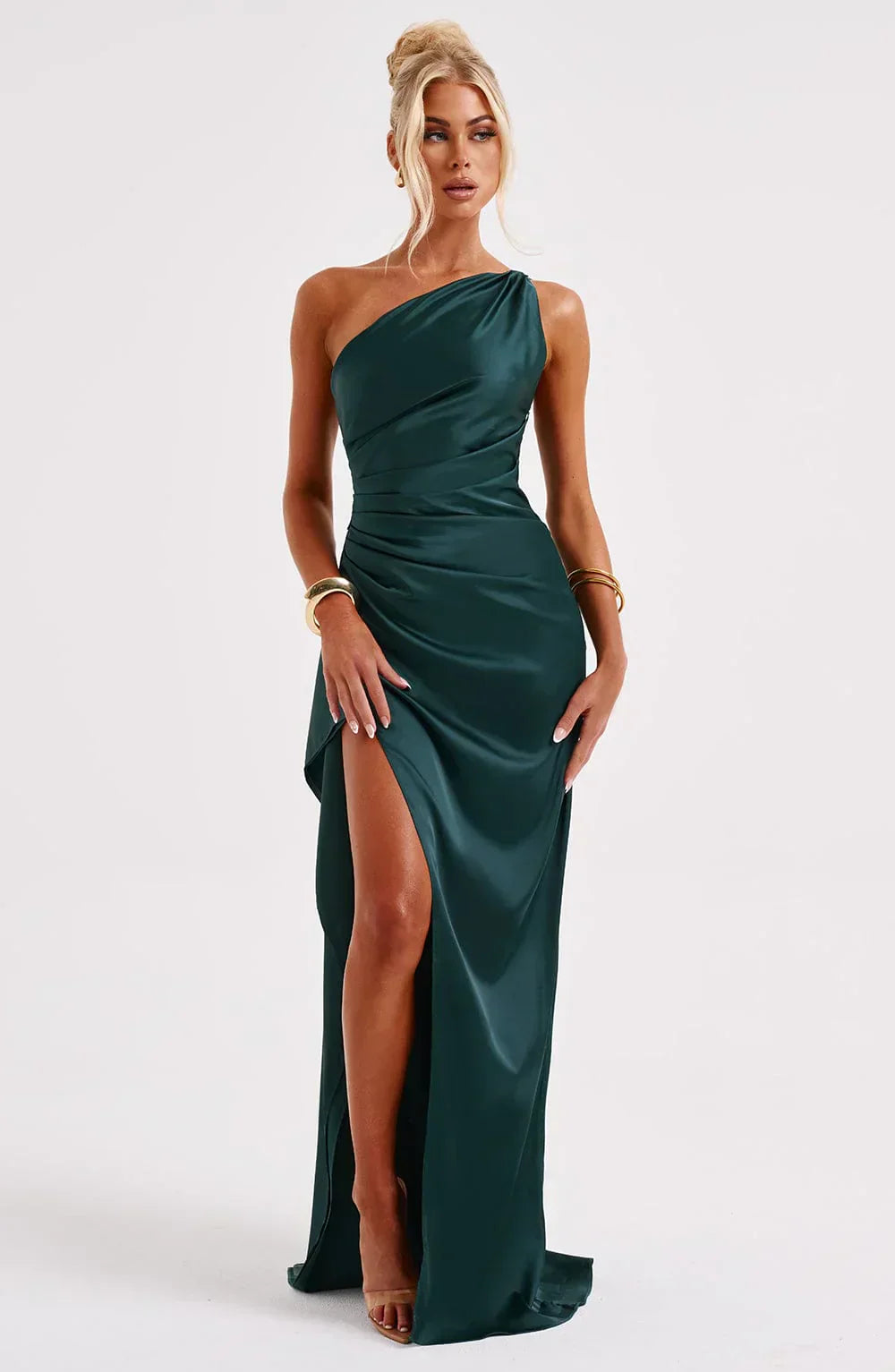 One-shoulder satin pleated slit dress - Autumn Edition