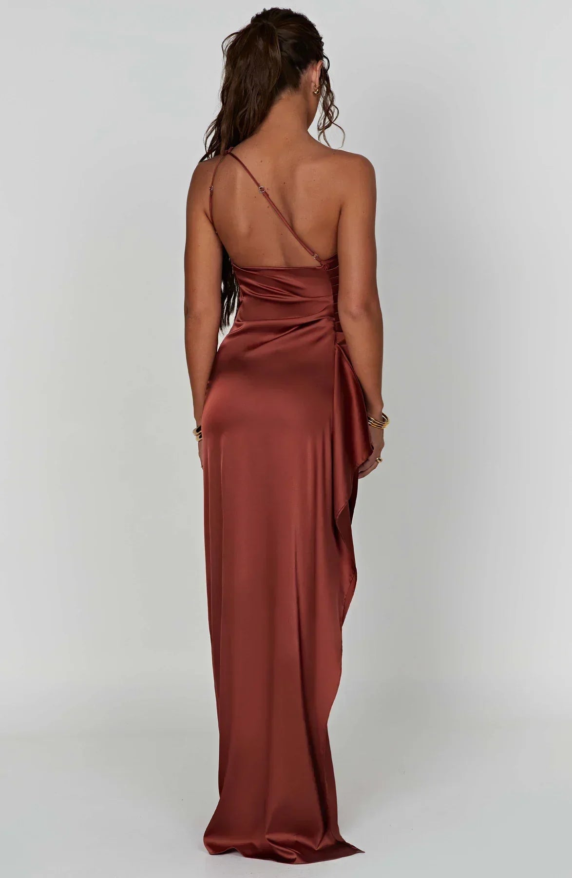 One-shoulder satin pleated slit dress - Autumn Edition