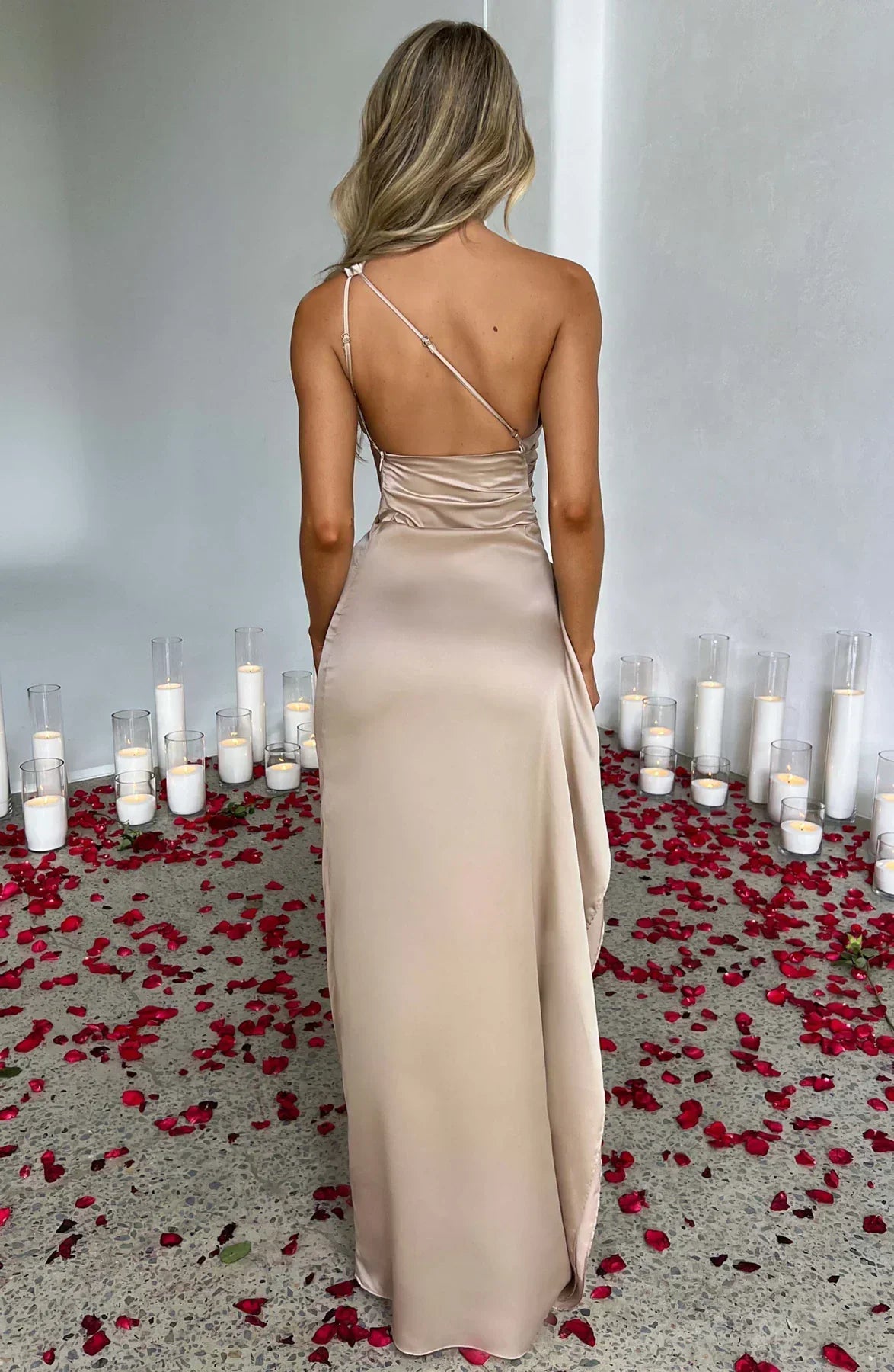 One-shoulder satin pleated slit dress - Autumn Edition