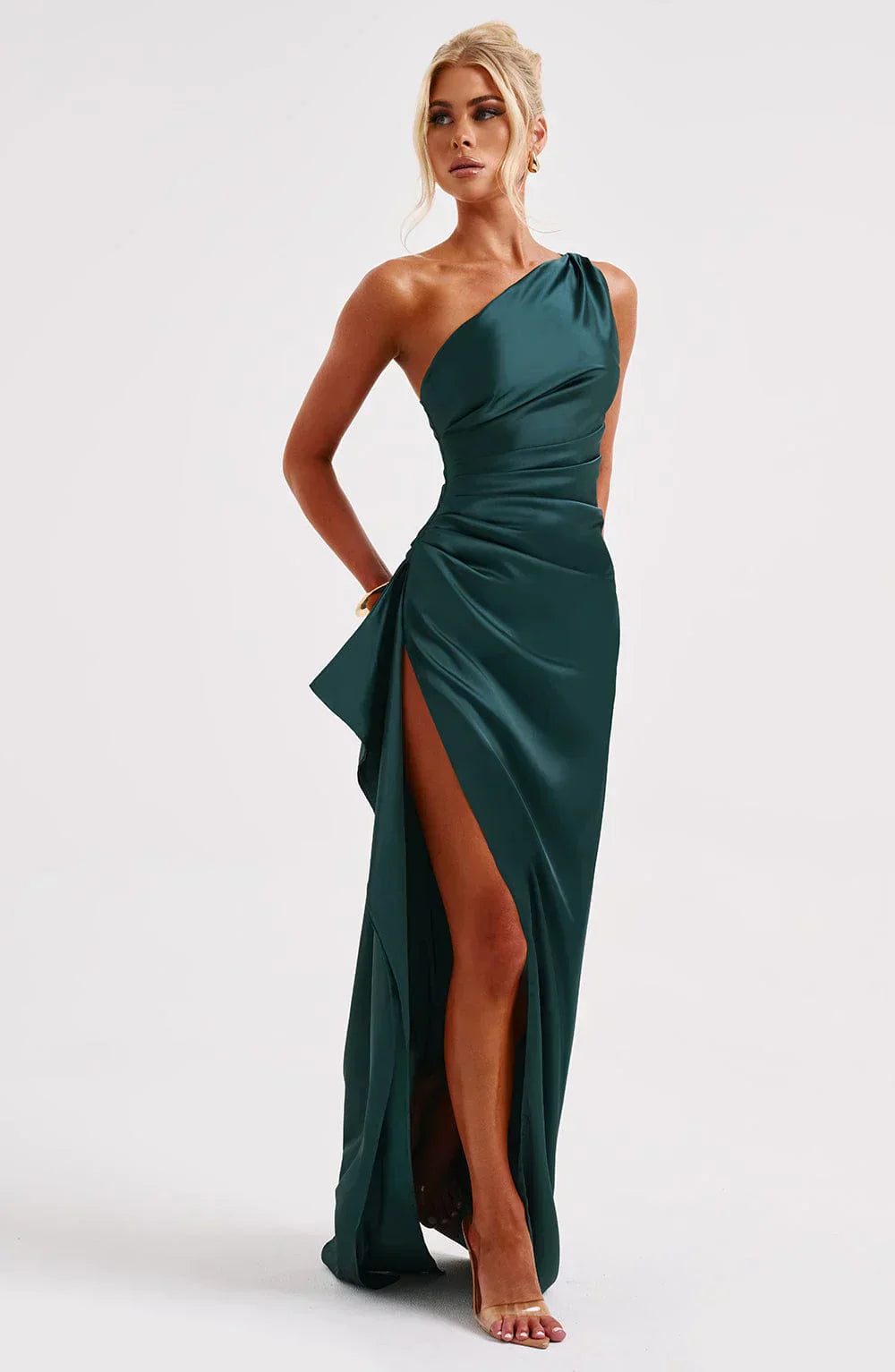 One-shoulder satin pleated slit dress - Autumn Edition