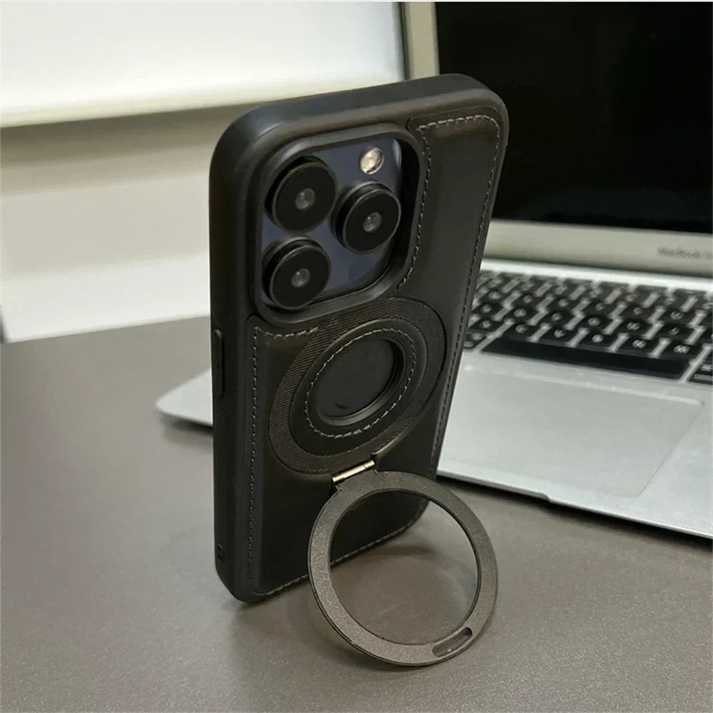 Premium Leather MagSafe Case with Fold-Out Ring Stand